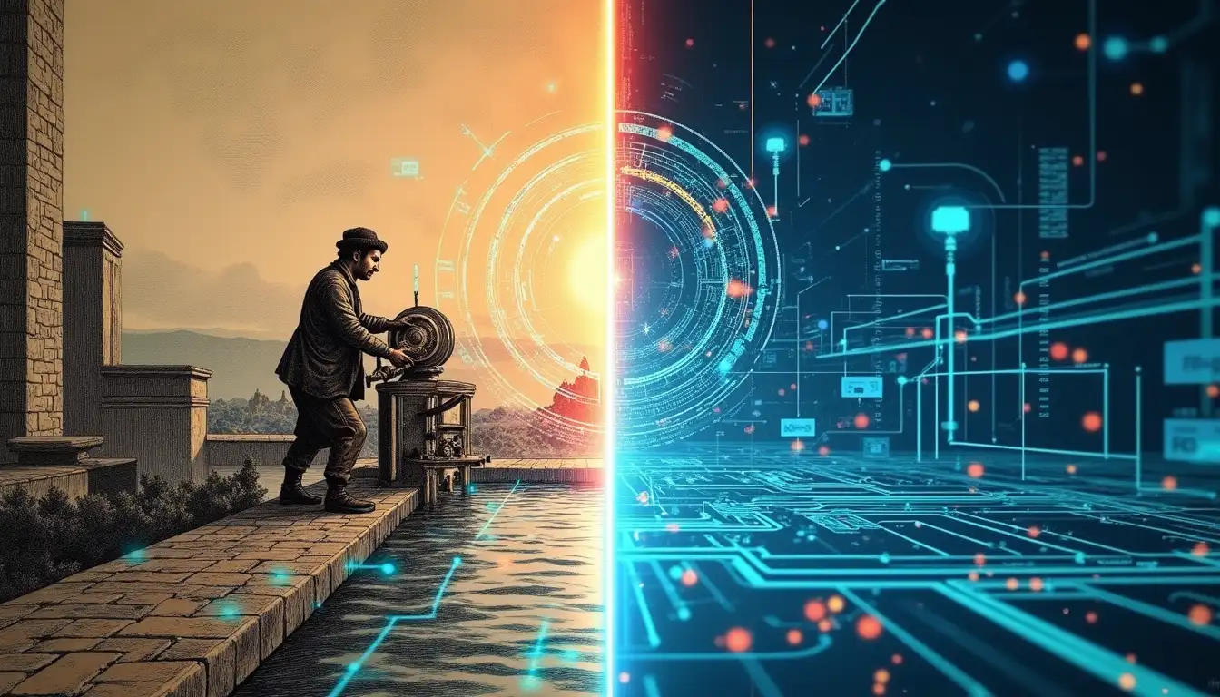 Comparación futurista entre aguador histórico con cántaros y sistema de distribución de agua inteligente con sensores digitales