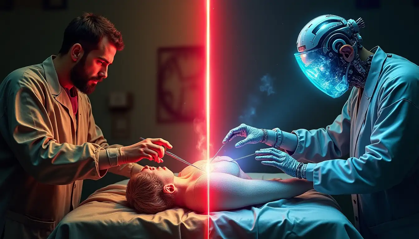 Cirujano militar del siglo XVIII amputando una pierna a un soldado mientras asistentes lo sujetan, junto a un robot quirúrgico moderno realizando la misma operación con precisión