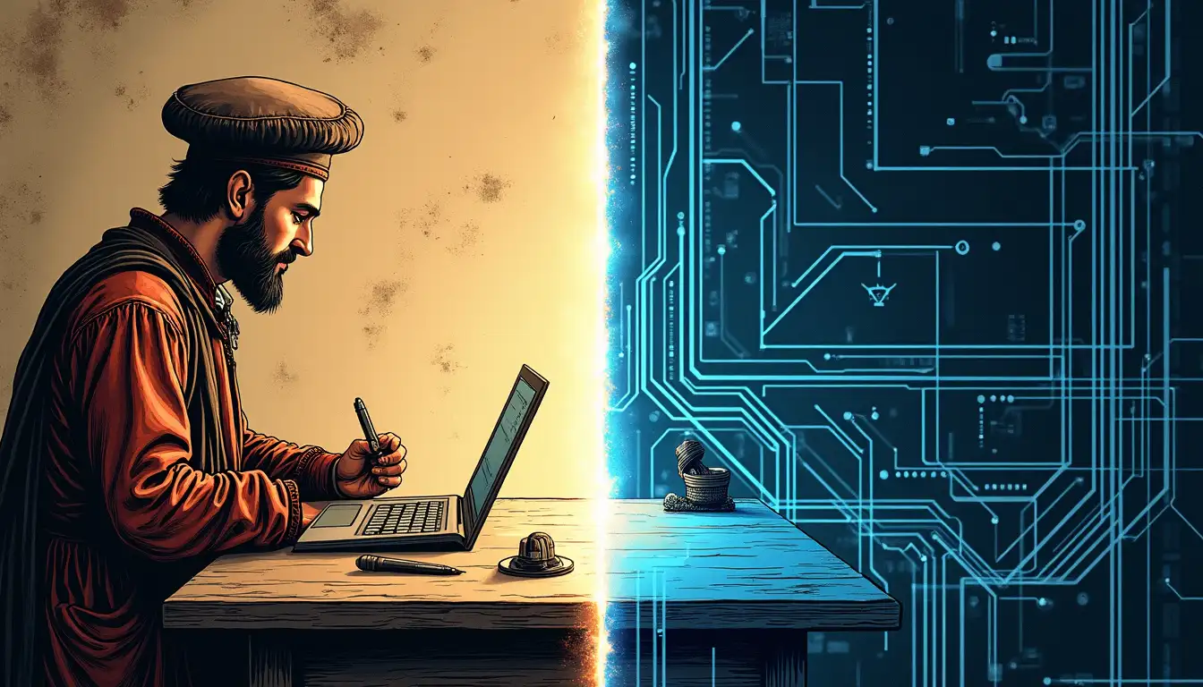 Archivero medieval trabajando con documentos junto a una pantalla moderna mostrando bases de datos digitales