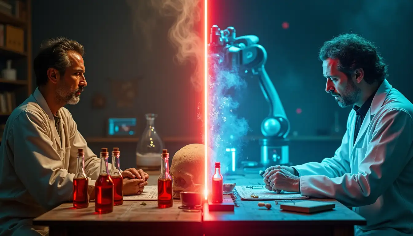 Dama victoriana aplicándose crema arsenical frente a espejo, reflejando pantalla de IA analizando su piel