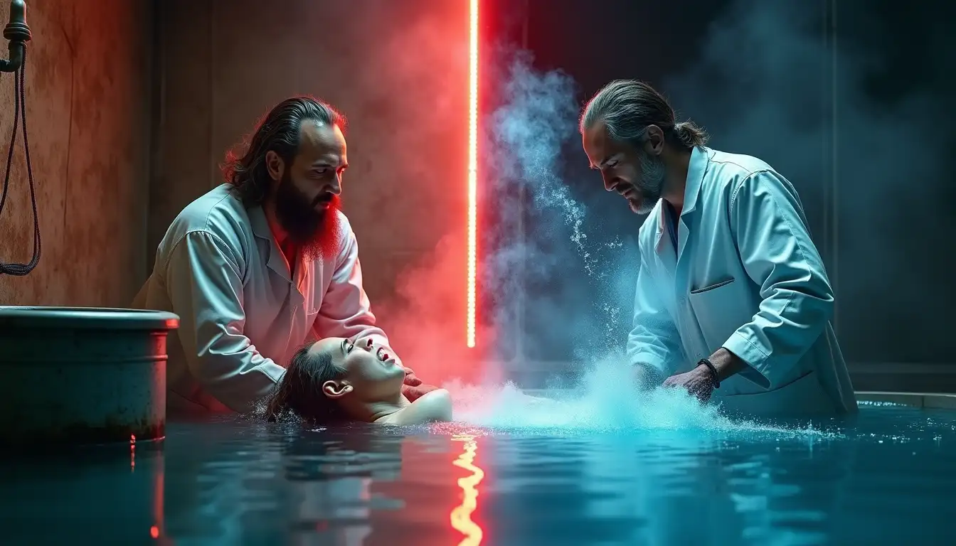 Grabado del siglo XIX de un balneario español junto a una imagen futurista de sensores IoT analizando agua termal