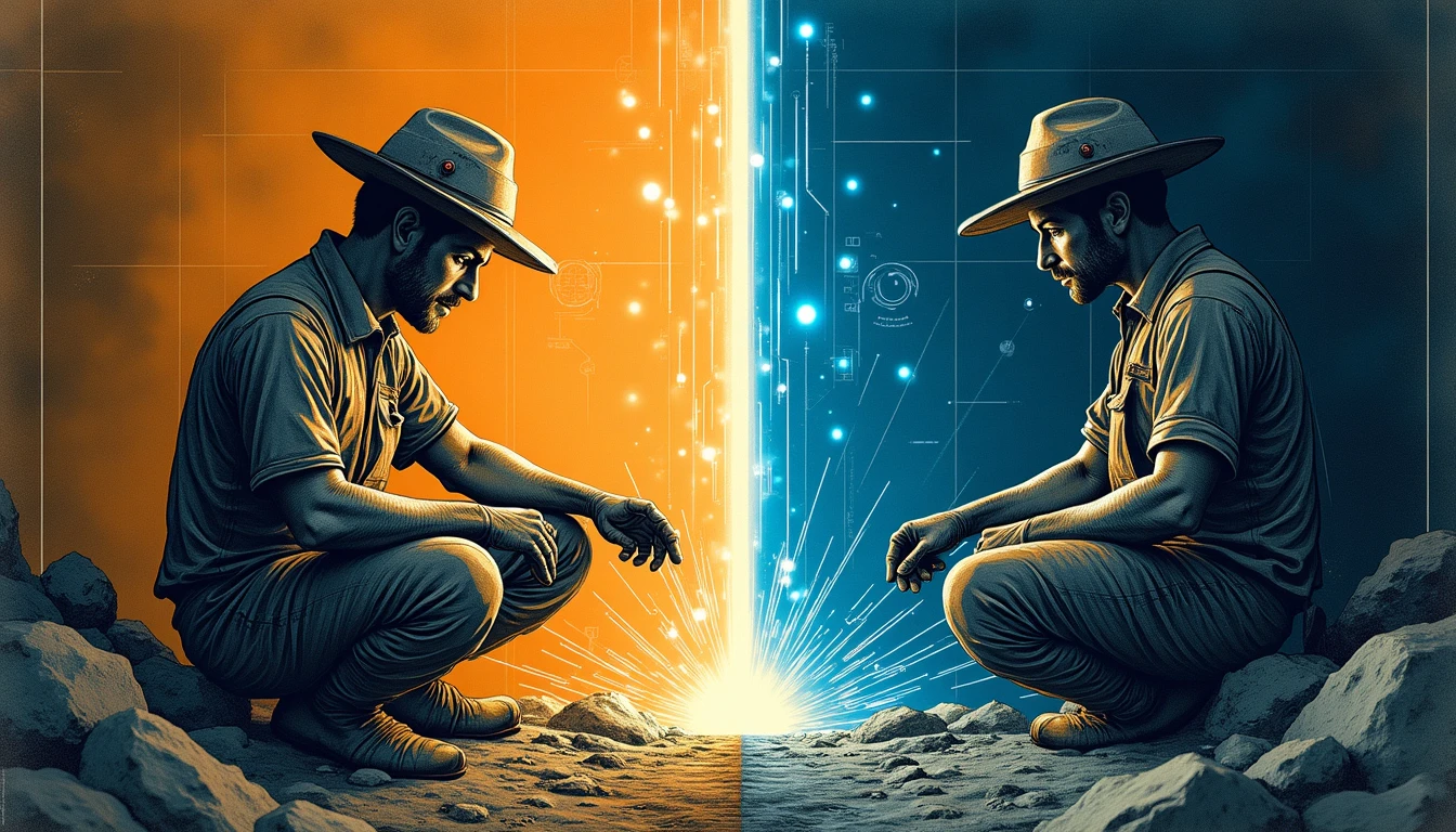 Comparativa visual entre barrenero histórico con martillo y tuneladora autónoma moderna con sensores IA