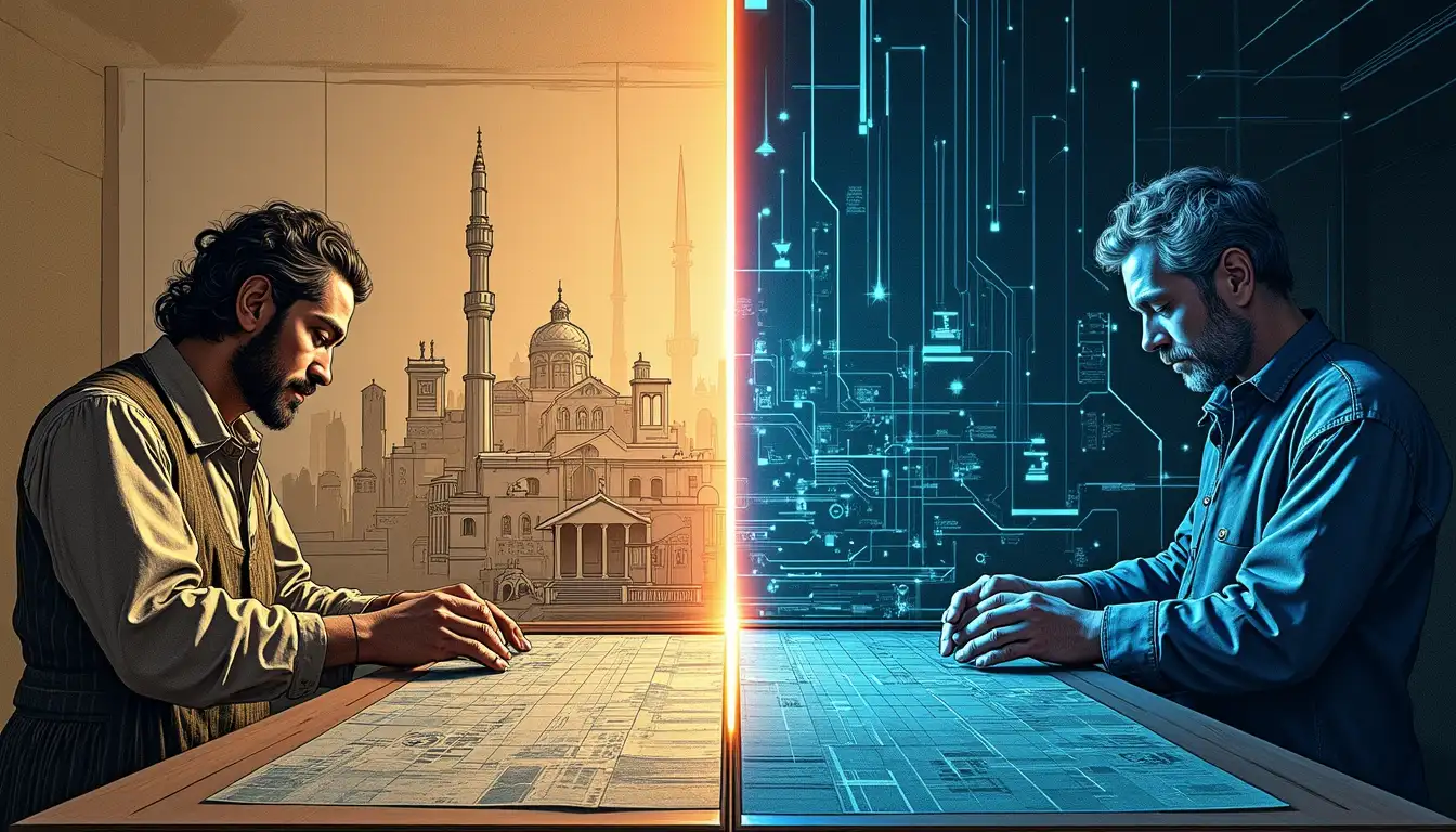 Bordador medieval trabajando con hilos de oro en un taller junto a una moderna máquina de bordar controlada por inteligencia artificial