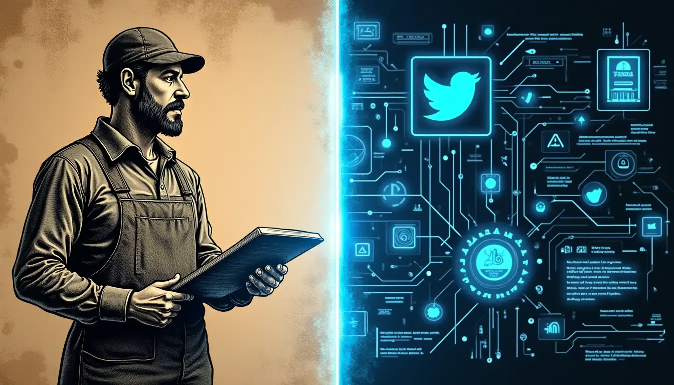 Ilustración retro-futurista de un vendedor de periódicos del siglo XVIII transformándose en algoritmos digitales de redes sociales