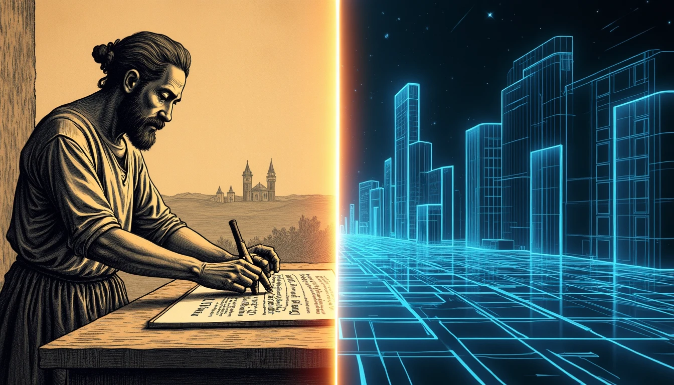 Comparison between medieval ship caulker working with hot tar and modern AI sensors monitoring ship hull integrity