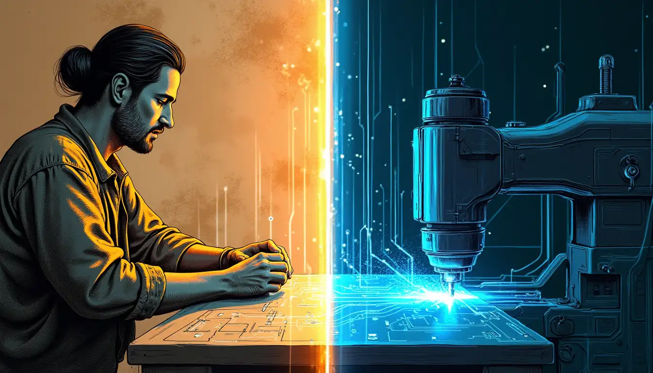 Máquina de tejido circular futurista con pantallas holográficas diseñando medias personalizadas