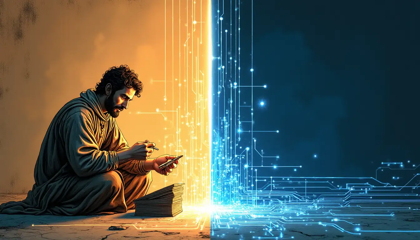 Cantero medieval tallando sillar junto a pantalla con software BIM analizando estructura gótica