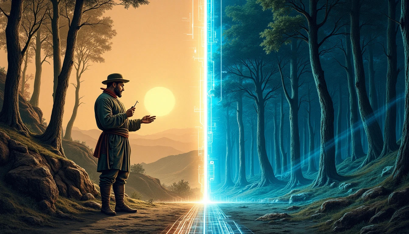 Sistema futurista de monitorización forestal con drones y sensores supervisando una zona boscosa montañosa