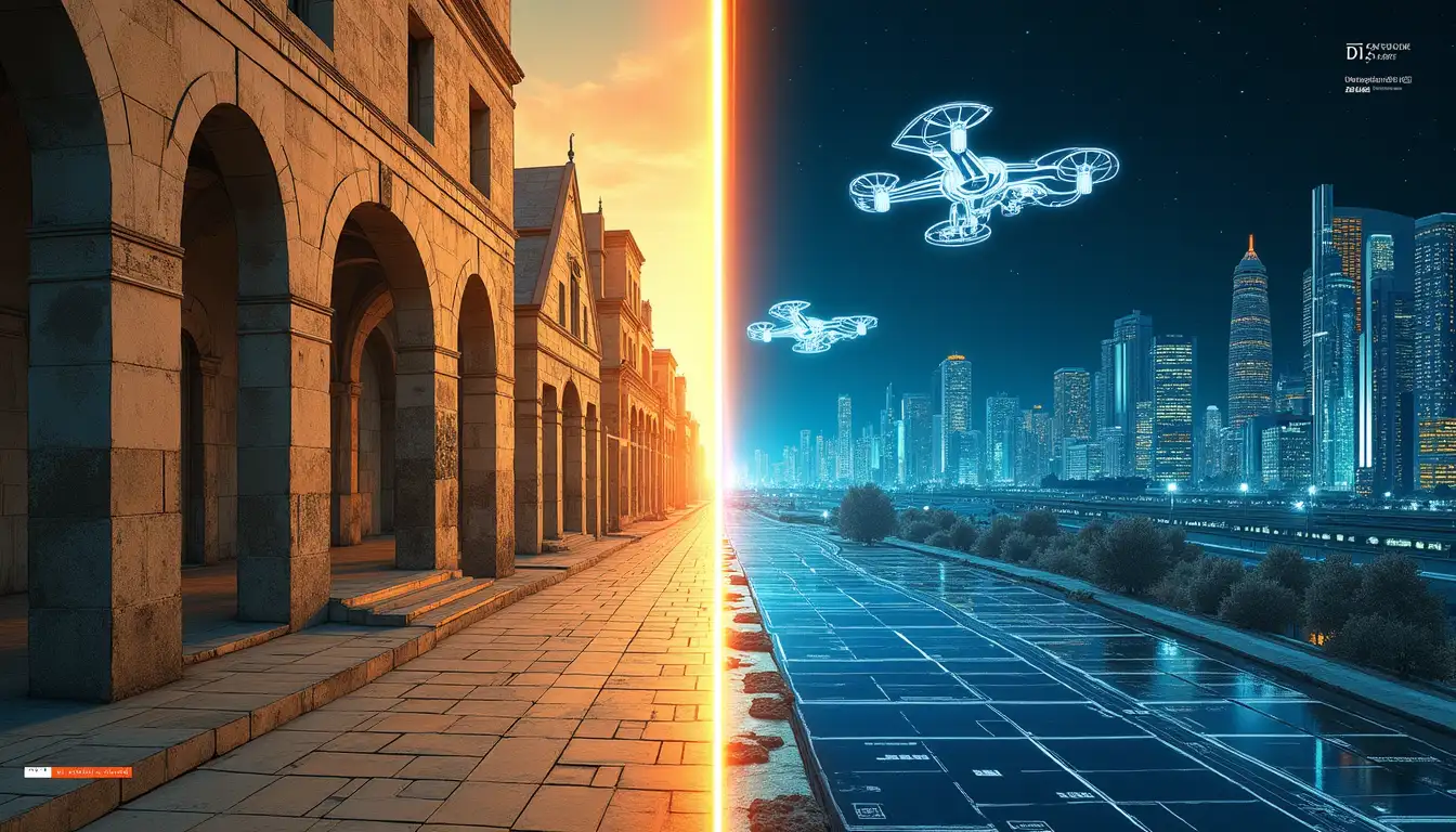 Cartógrafo del siglo XVI trabajando con instrumentos de navegación junto a pantallas modernas de GPS