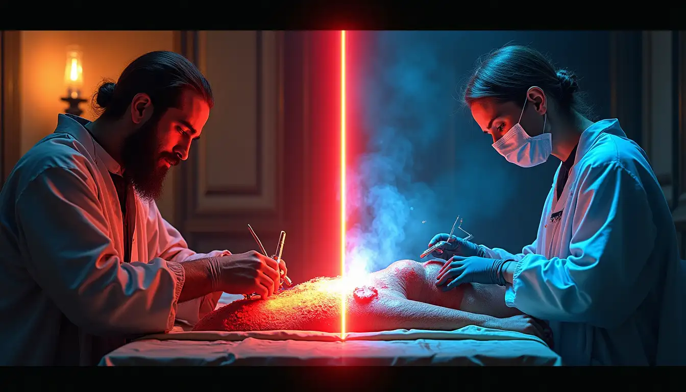 Cirujano medieval aplicando hierro candente junto a electrocauterio moderno guiado por IA