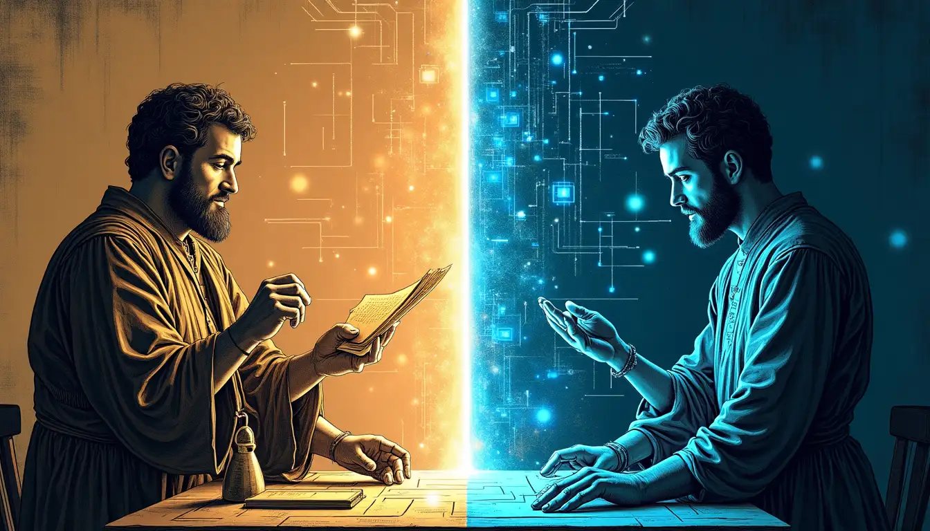 Censor medieval con ordenador futurista moderando contenido digital en escritorio vintage