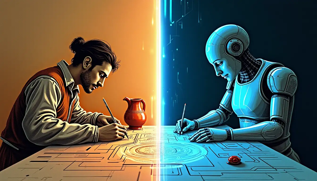 Robot industrial pintando cerámica con patrones tradicionales de Talavera mientras una pantalla holográfica muestra análisis de pigmentos