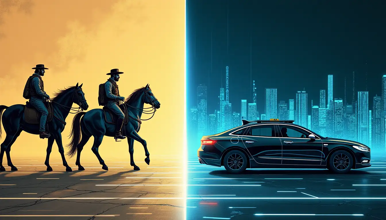 Comparación visual entre cochero de caballos del siglo XIX y taxi autónomo con inteligencia artificial
