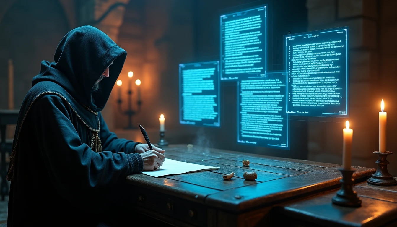 Monje medieval rodeado de pantallas holográficas comparando 5 modelos IA de imagen a vídeo: Wan 2.5, Kling 2.5 Turbo, Hailuo 02, Veo 3.1 y Kling 3.0 Pro