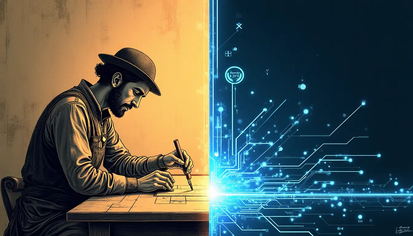 Taller futurista donde robots construyen instrumentos musicales clásicos con precisión láser