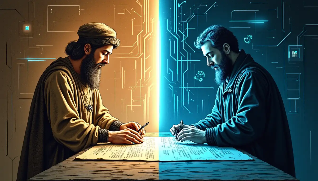 Monje medieval escribiendo junto a pantalla con algoritmos de transcripción automática