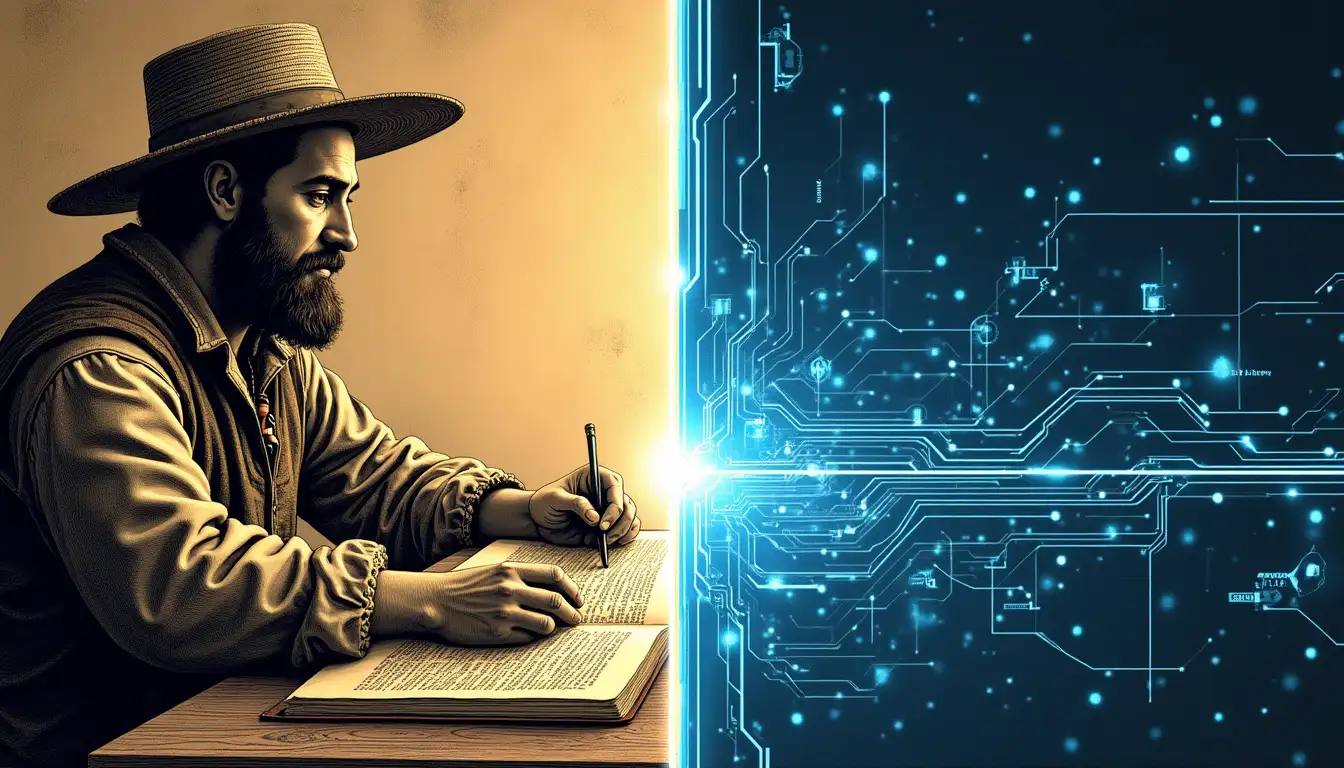 Inteligencia artificial analizando manuscritos coloniales españoles en pantallas futuristas
