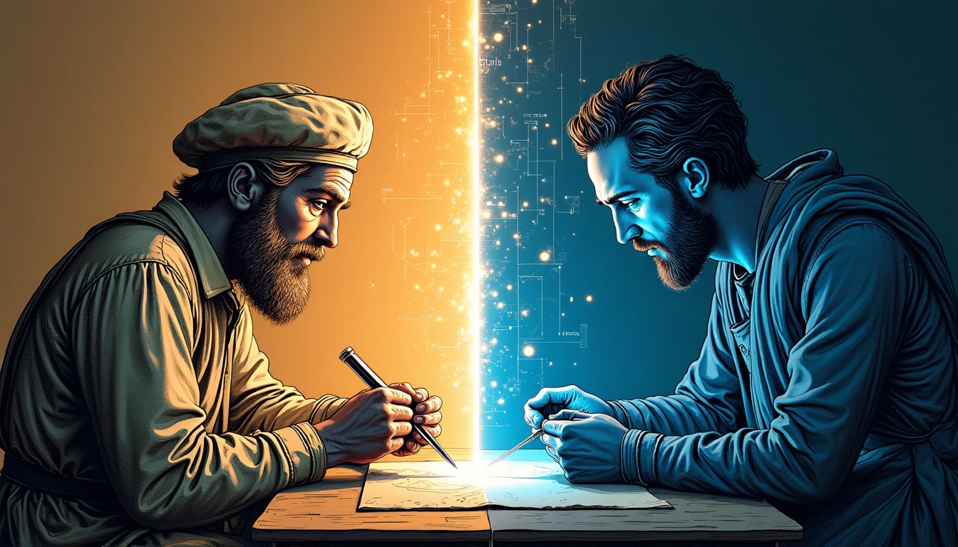 Curtidor medieval trabajando pieles junto a sistema robotico futurista