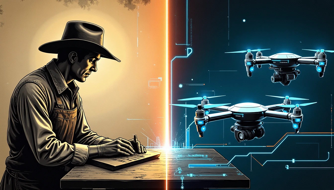 Drone futurista inspeccionando chimenea antigua con rayos láser en casa de estilo medieval español