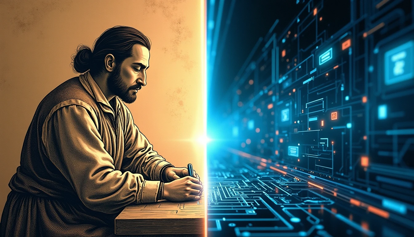 Despensero medieval revisando barriles y raciones junto a un sistema futurista de gestión alimentaria