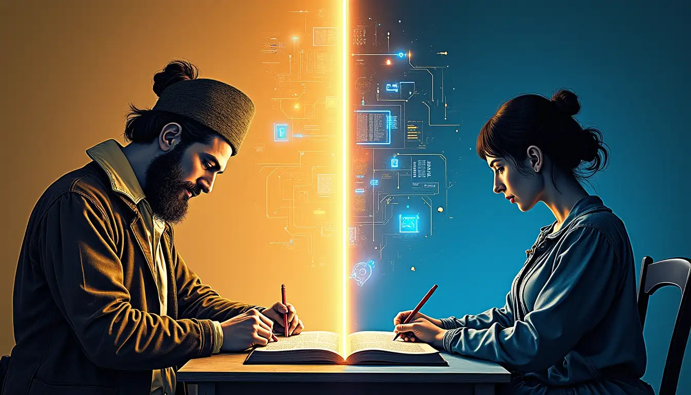 Robot escaneando libro antiguo con brazos mecánicos mientras algoritmos analizan texto dañado en pantallas holográficas