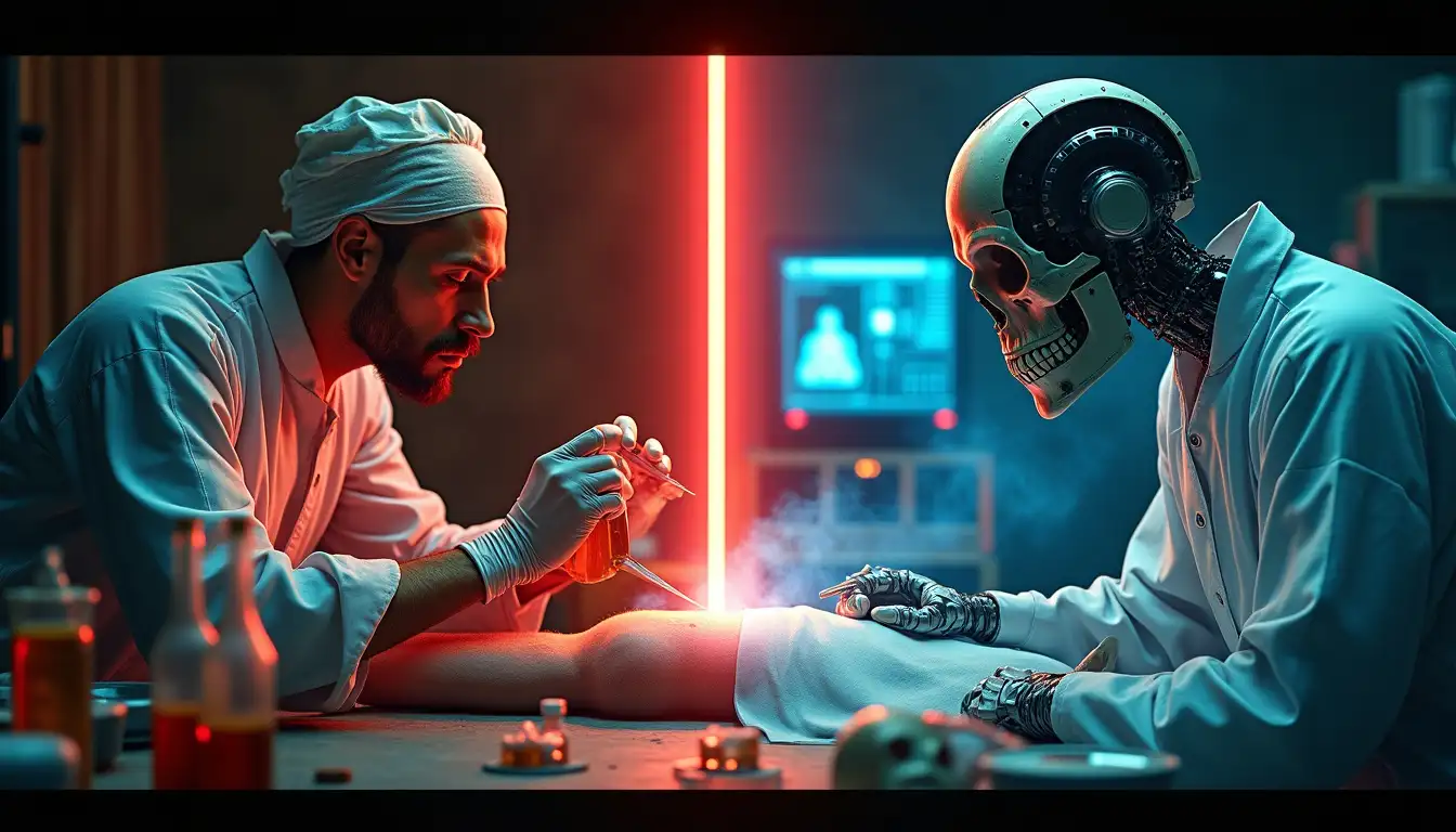 Ilustración comparativa: médico del siglo XVIII aplicando enema de tabaco vs. dron con desfibrilador guiado por IA en 2024