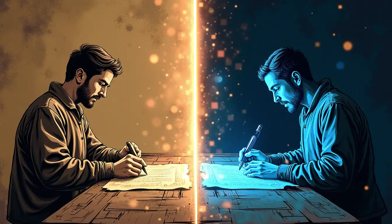 escribano medieval redactando documento con pluma mientras robot futurista firma digitalmente