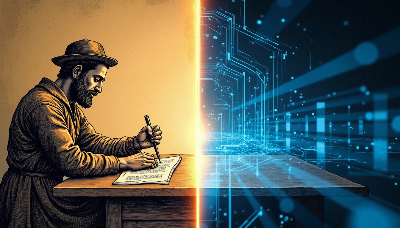 Escribano medieval trabajando con pluma junto a terminal blockchain futurista