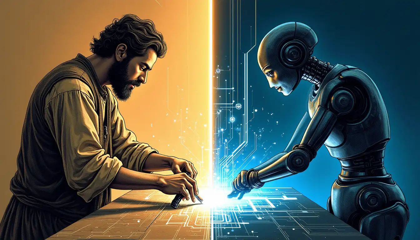 Robot industrial forjando espada con sensores de temperatura controlados por inteligencia artificial en taller futurista