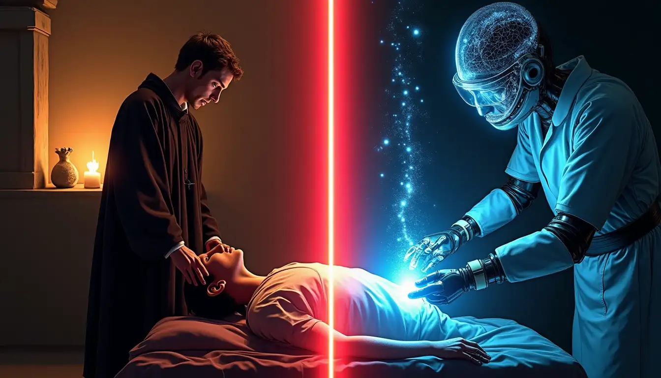 Grabado medieval de un exorcismo junto a una resonancia magnética moderna de un cerebro epiléptico