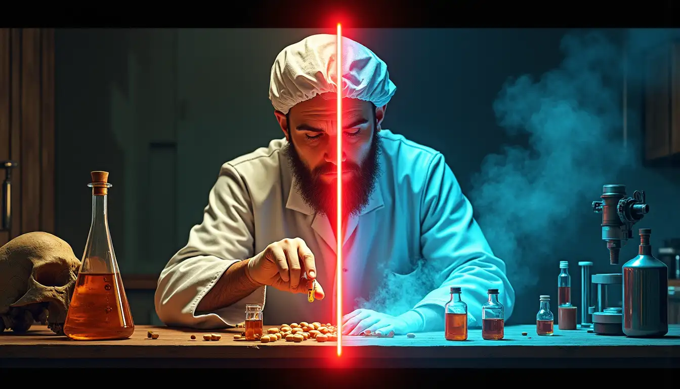 Tableta de Terra Sigillata romana junto a cápsula de carbón activado moderno, con fondo de algoritmo de IA toxicológica