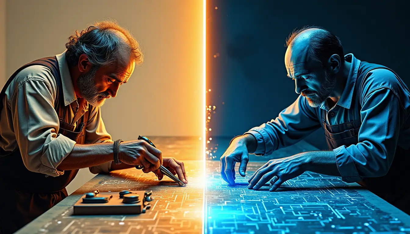 Hojalatero futurista con visión artificial diagnosticando objetos metálicos mientras impresoras 3D fabrican repuestos