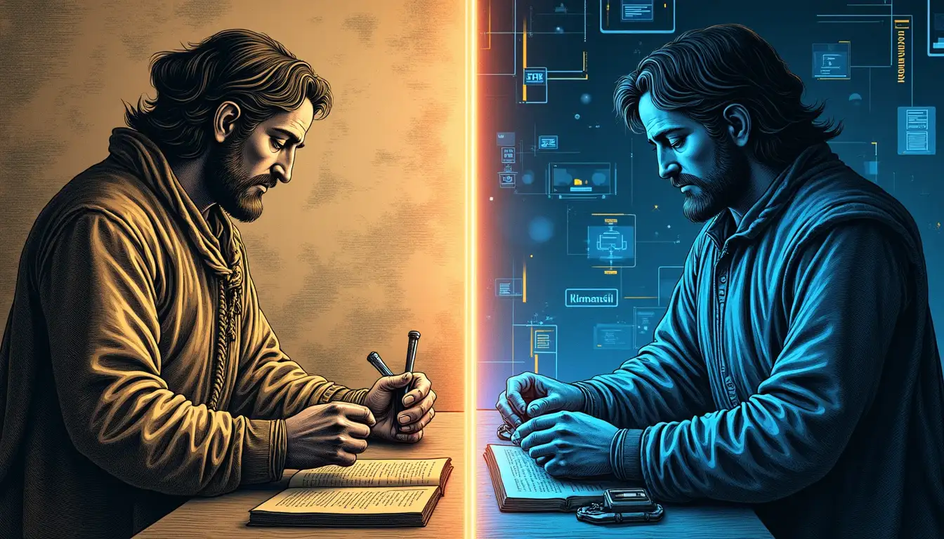 Comparación entre prensa de tipos móviles del siglo XV y pantalla moderna mostrando generación de texto por IA