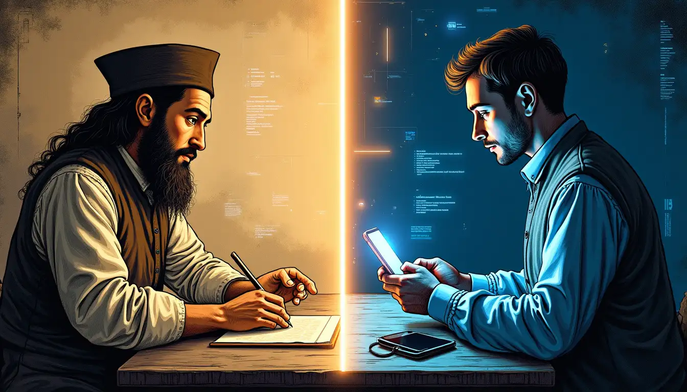 Intérprete colonial con códices antiguos junto a smartphone moderno con traducción automática