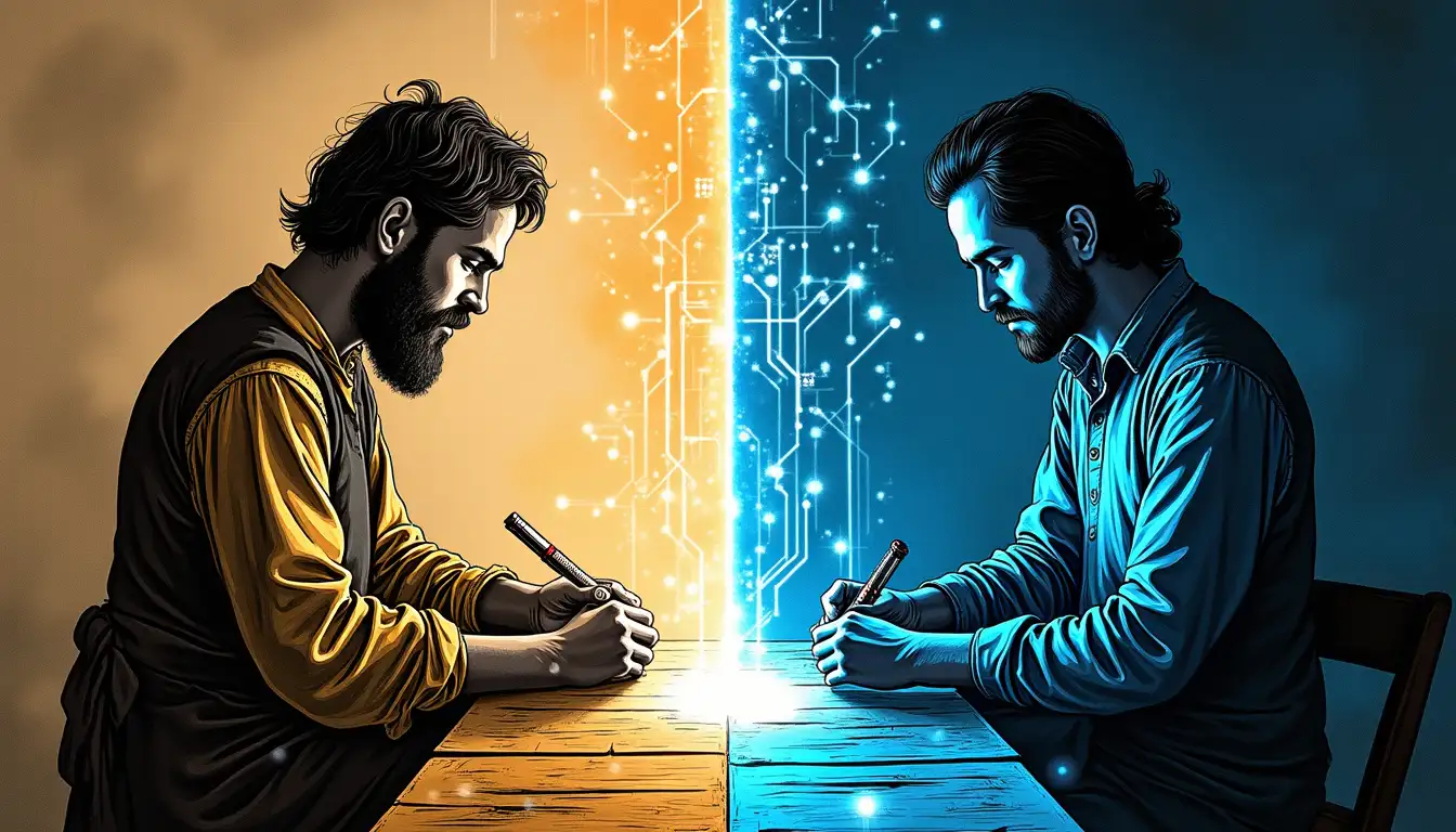 juglar medieval cantando con laúd en plaza comparado con creador de contenido moderno con smartphone