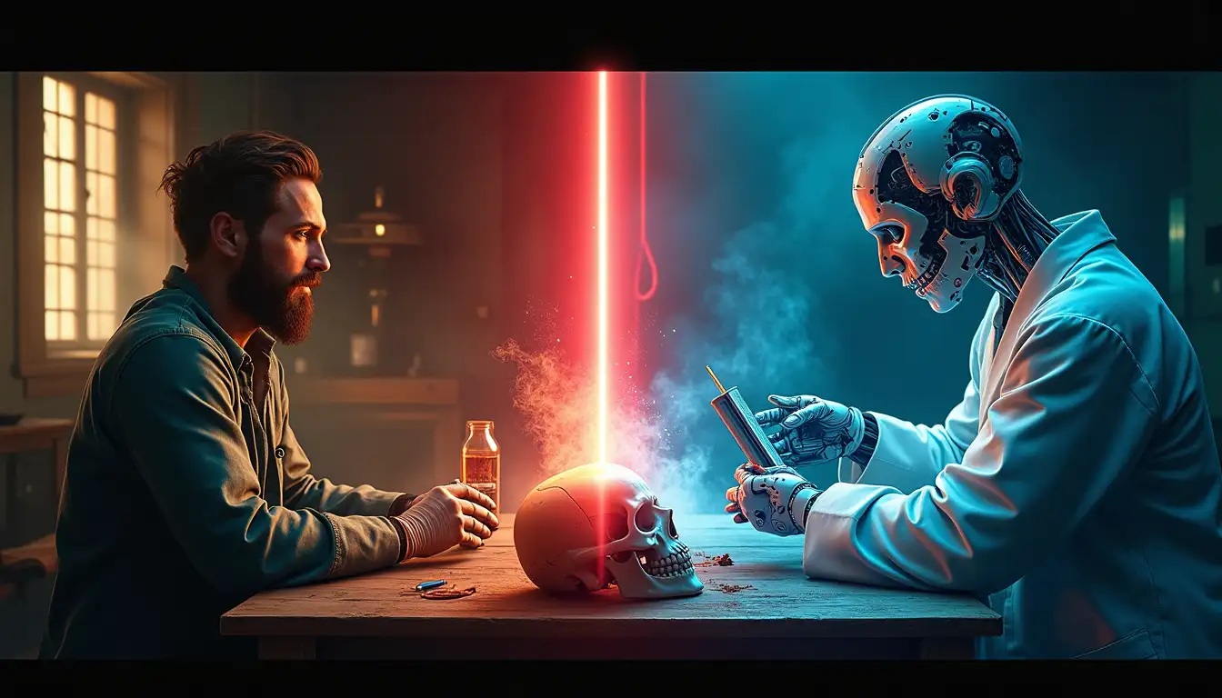 Botella de láudano del siglo XIX junto a una app de análisis de llanto en un smartphone moderno