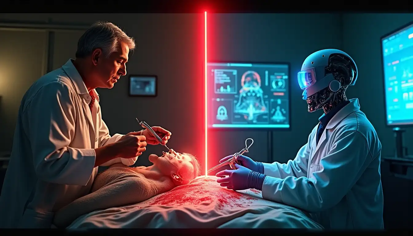 Paciente con los ojos vendados tras una lobotomía en los años 50 junto a un escáner cerebral moderno con IA