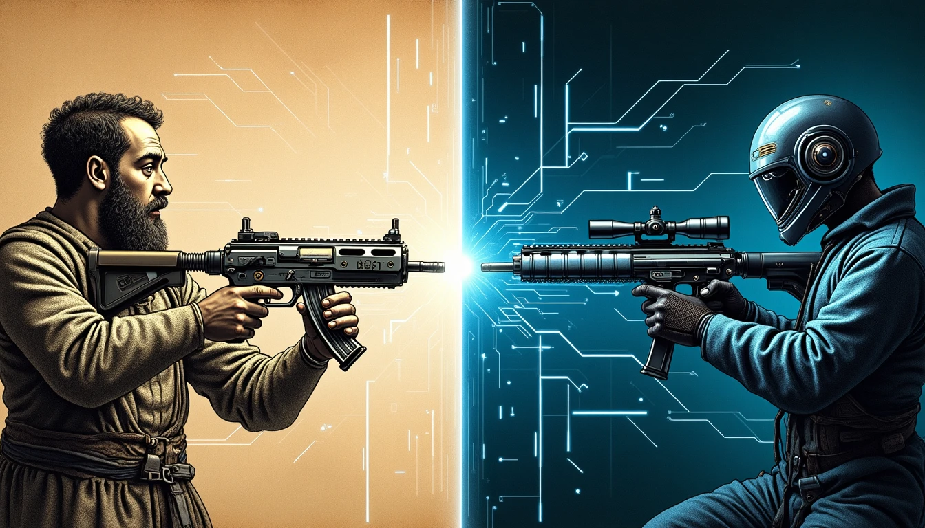 Artillero medieval junto a cañón futurista con IA en barco híbrido