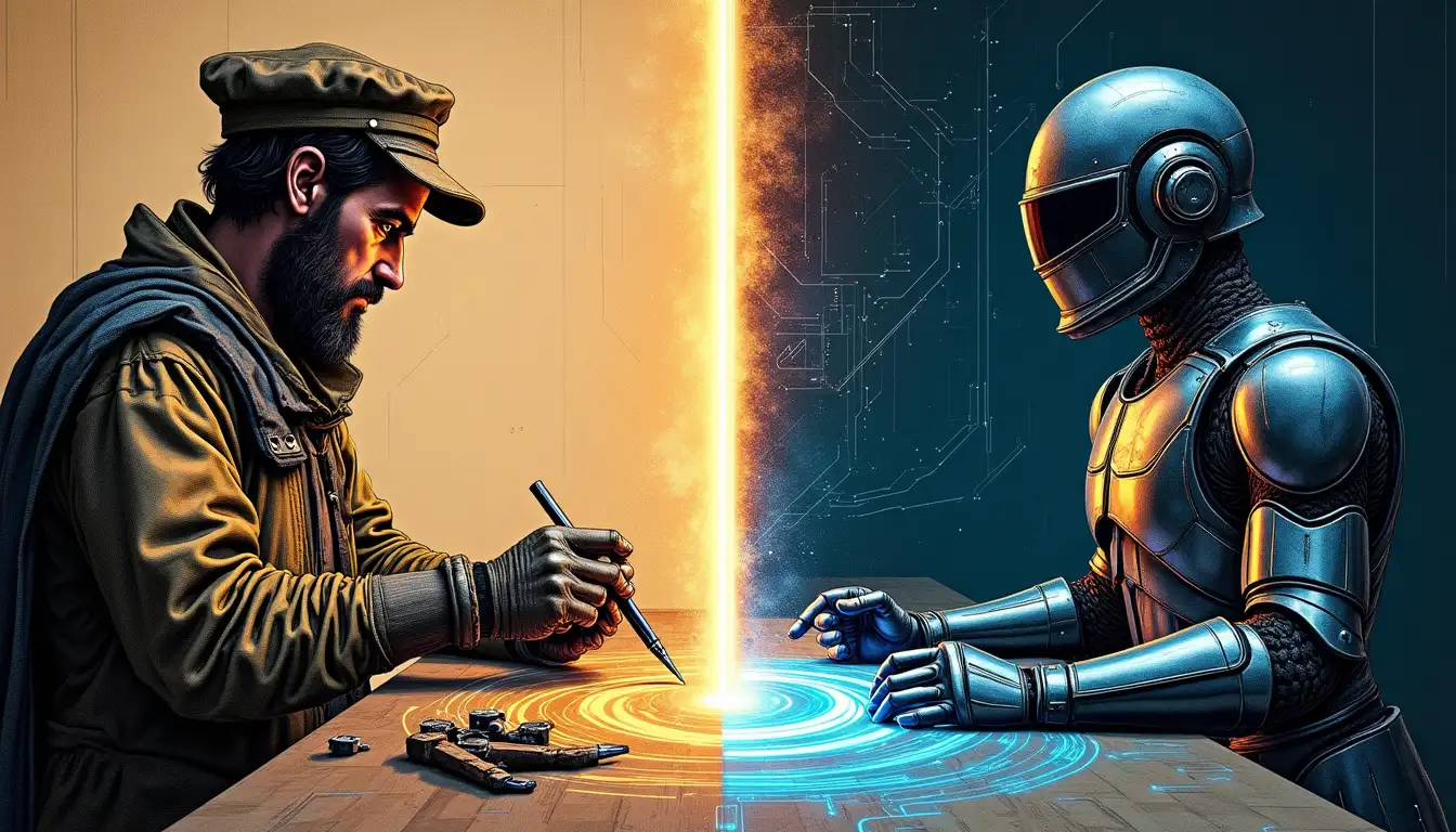 Exoesqueleto militar futurista junto a armadura medieval milanesa