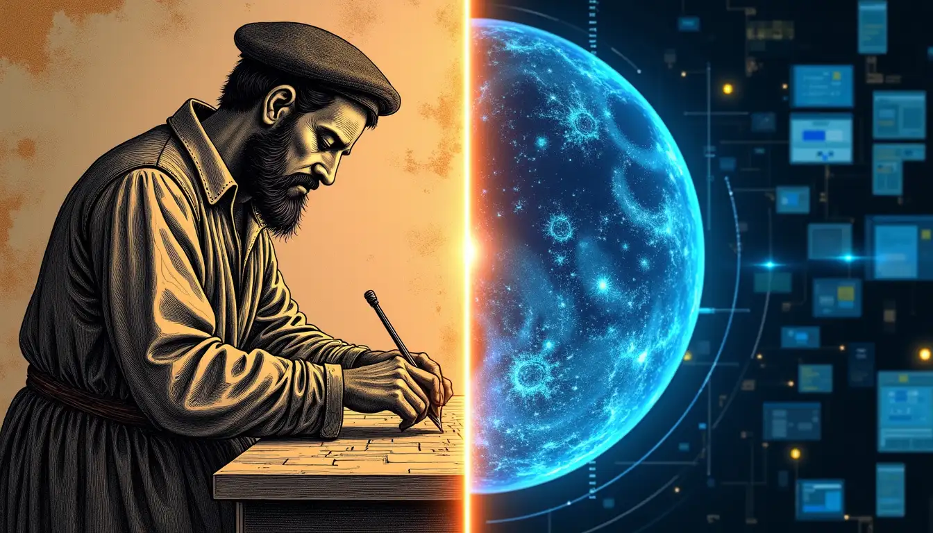 Comparación entre azulejo artesanal del siglo XV y diseño generado por inteligencia artificial con patrones geométricos similares