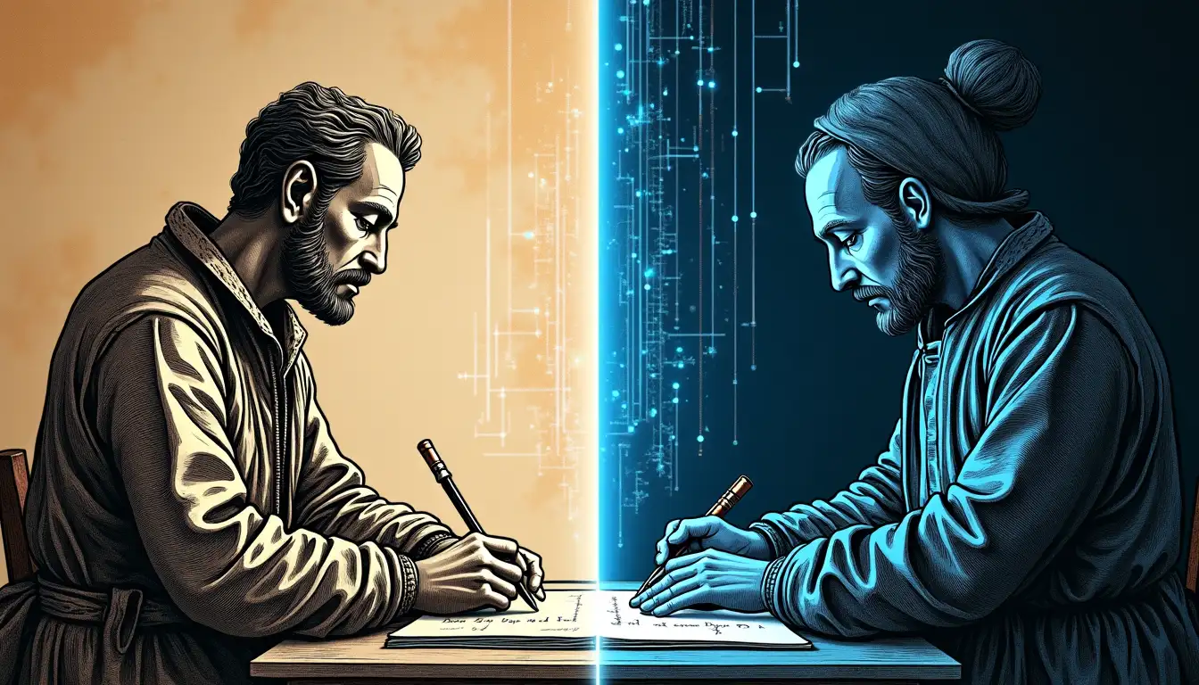 Scriptorium futurista donde robots con plumas de luz copian manuscritos holográficos flotantes