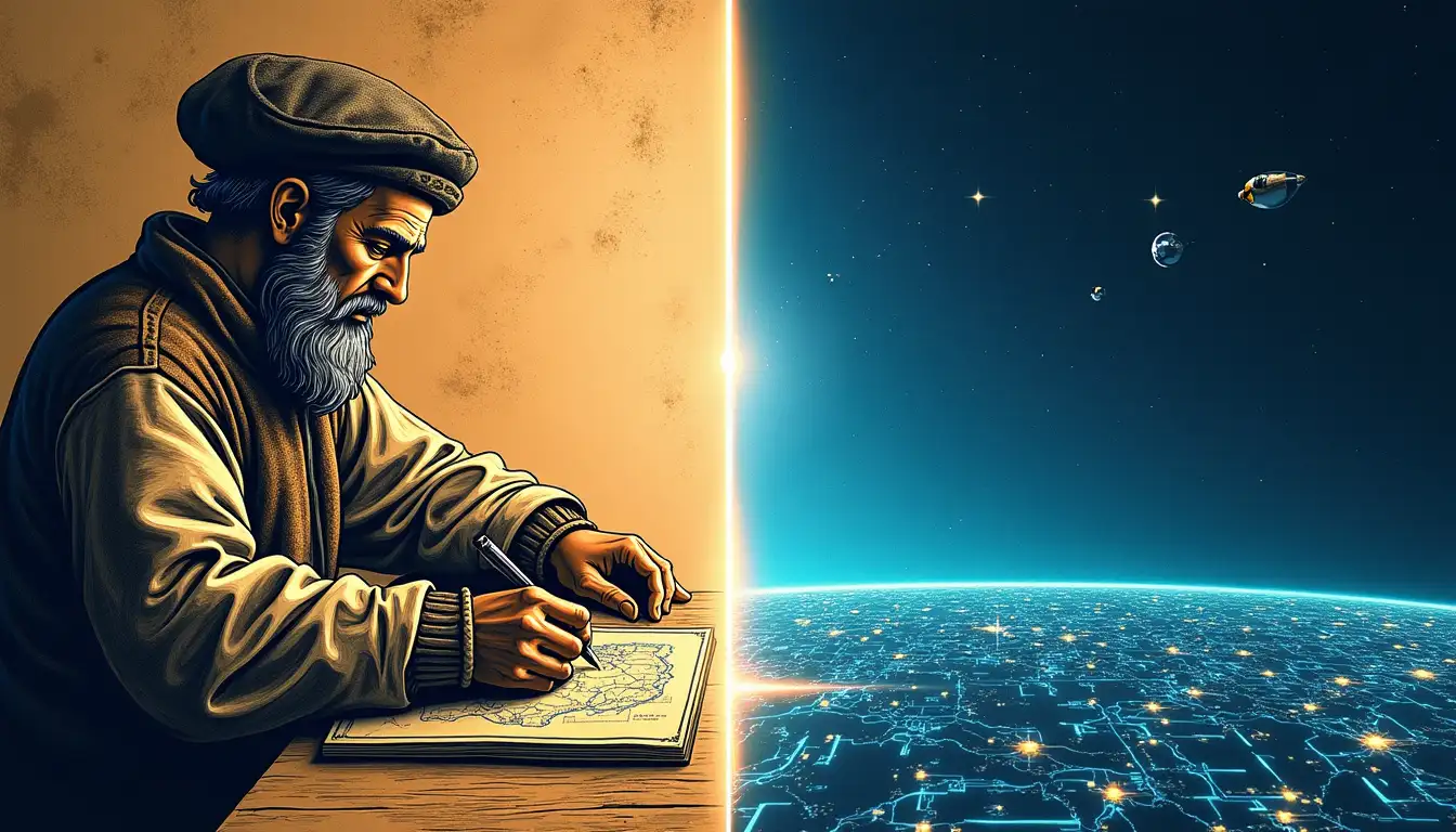 Recreación digital de un taller de cartógrafo medieval con herramientas modernas superpuestas