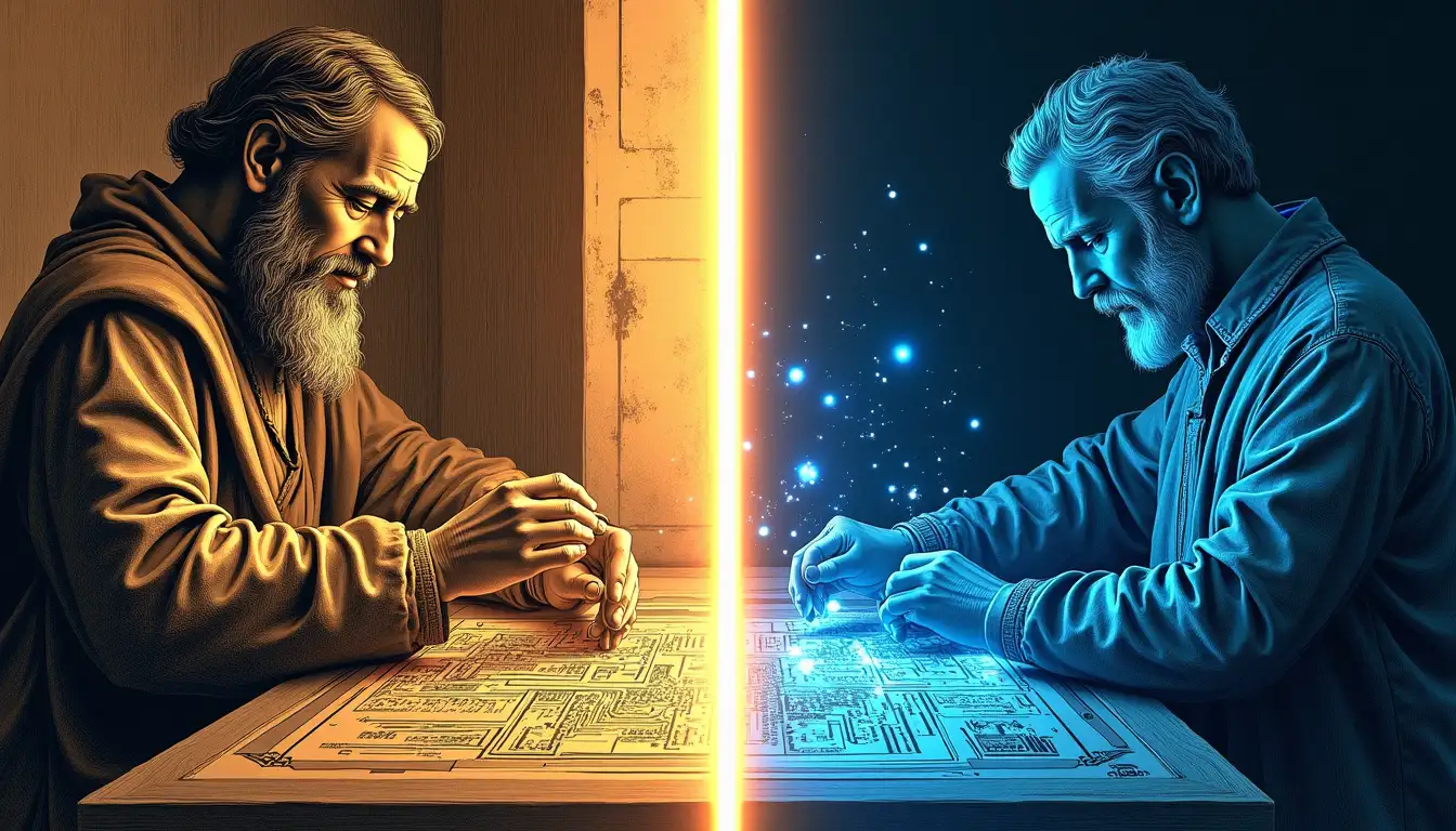 Algoritmos de IA analizando patrones de cuero medieval en laboratorio futurista con hologramas