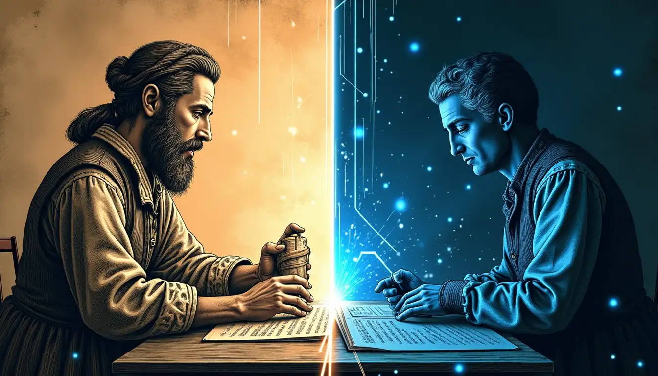 Aula rural española del siglo XVIII con maestro enseñando mediante repetición mientras una pantalla holográfica muestra algoritmos de IA adaptativa