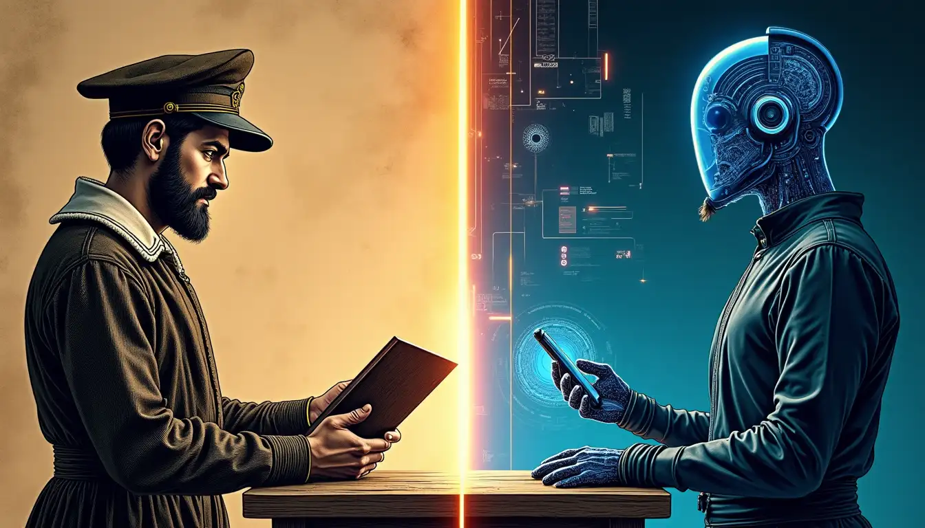 Maestro de postas del siglo XVI gestionando caballos de relevo con tecnología de inteligencia artificial superpuesta