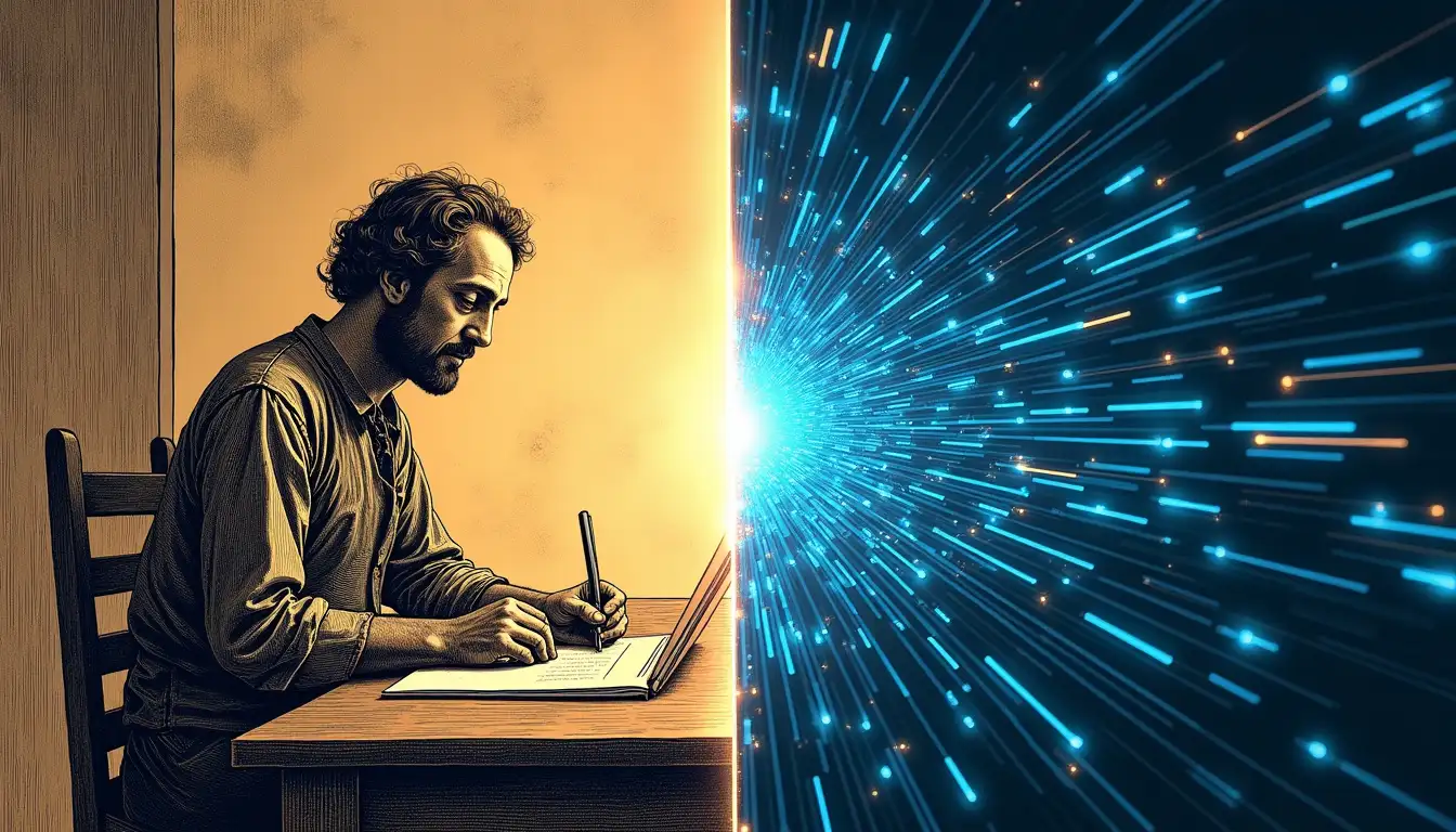 Torre de telégrafo óptico del siglo XIX con aspas mecánicas junto a moderna torre de fibra óptica