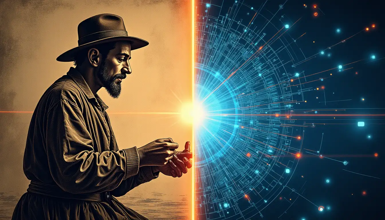 Laboratorio futurista donde robots analizan fibras teñidas mientras algoritmos calculan formulas químicas en pantallas holográficas