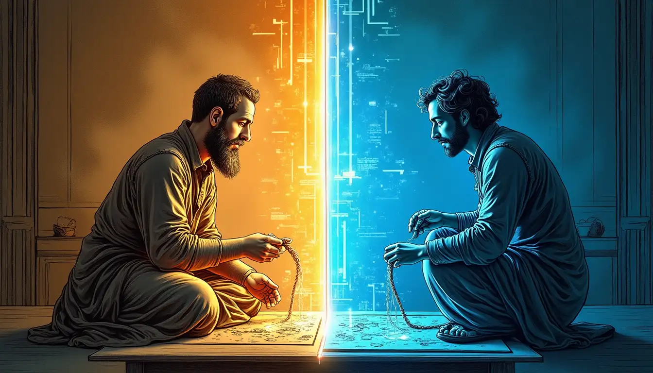 Laboratorio futurista donde IA diseña vitrales medievales en hologramas luminosos