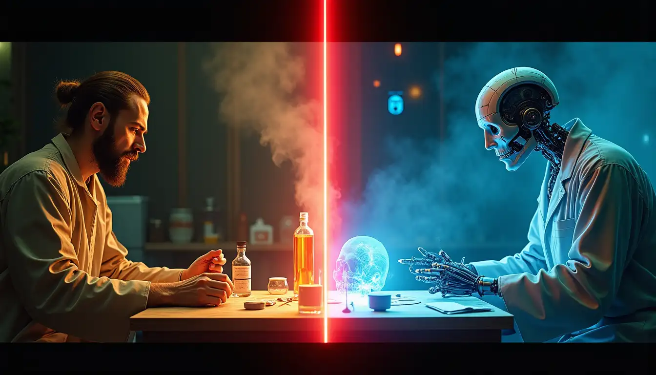 Grabado del siglo XVI mostrando un tratamiento con mercurio junto a una pantalla de diagnóstico de IA moderna con secuenciación genética