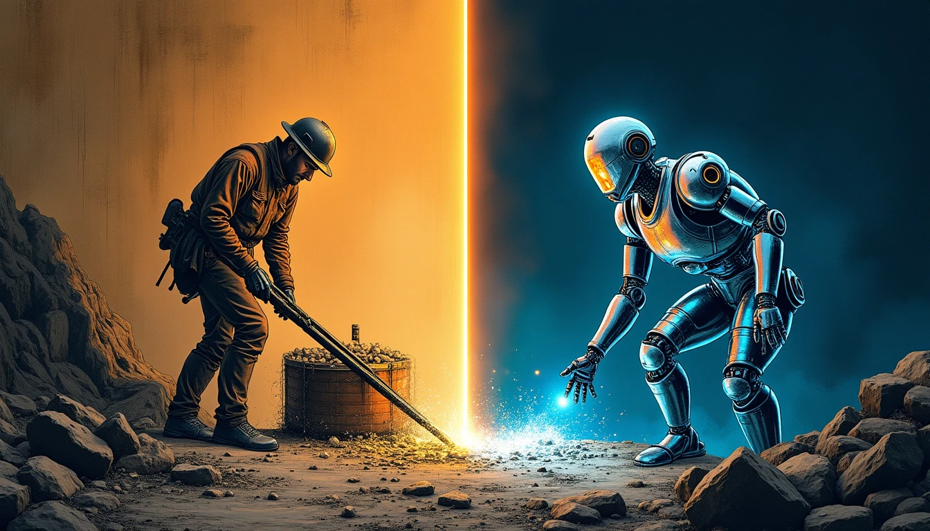 Robot minero autónomo con sensores trabajando en túnel subterráneo iluminado por luces LED azules